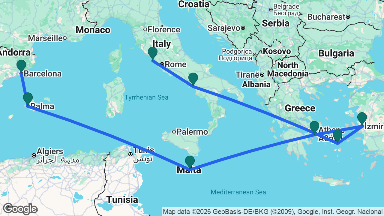 Route map: Rome -> Amalfi Coast -> Mykonos -> Izmir -> Athens -> Valletta -> Mallorca -> Barcelona