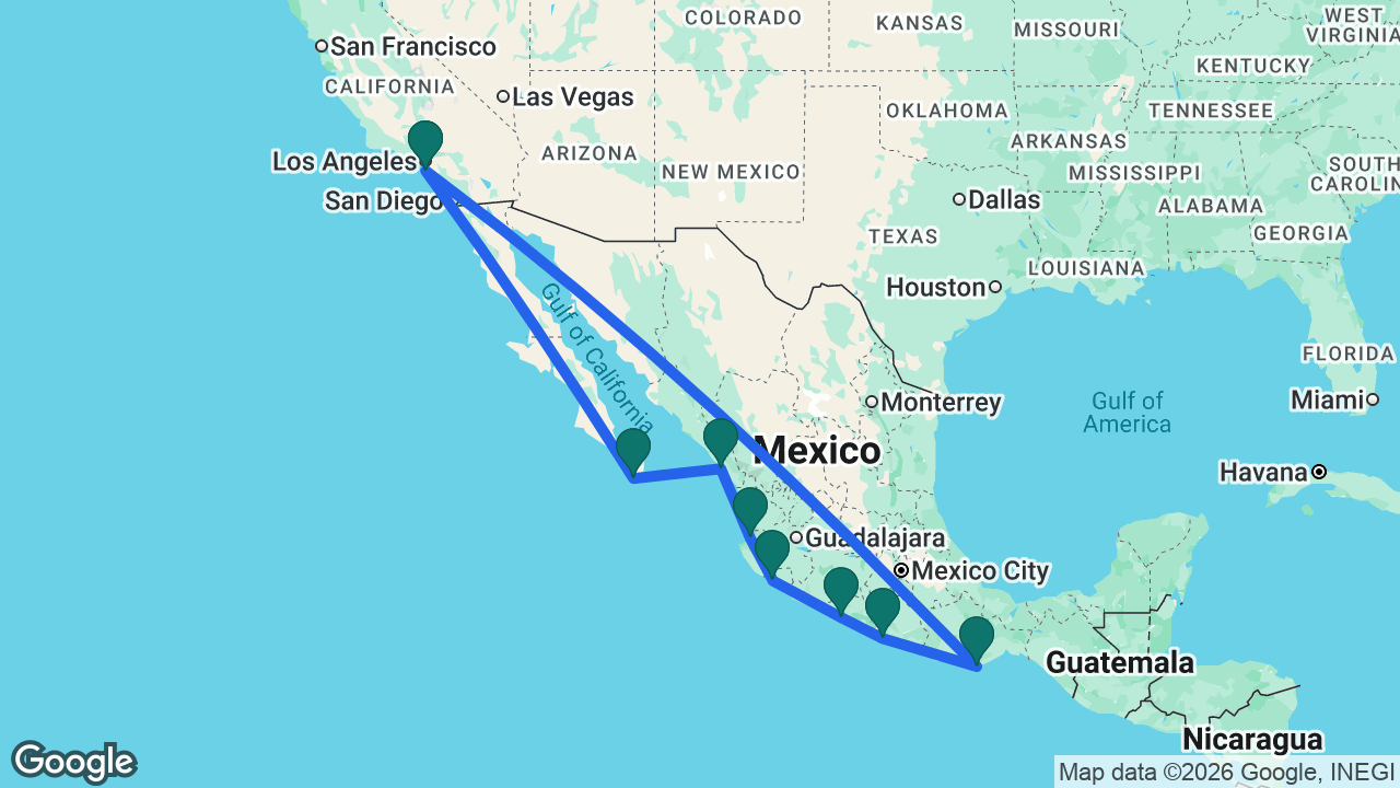 Route map: Los Angeles -> Huatulco -> Acapulco -> Zihuatanejo -> Manzanillo -> Puerto Vallarta -> Mazatlán -> Cabo -> Los Angeles