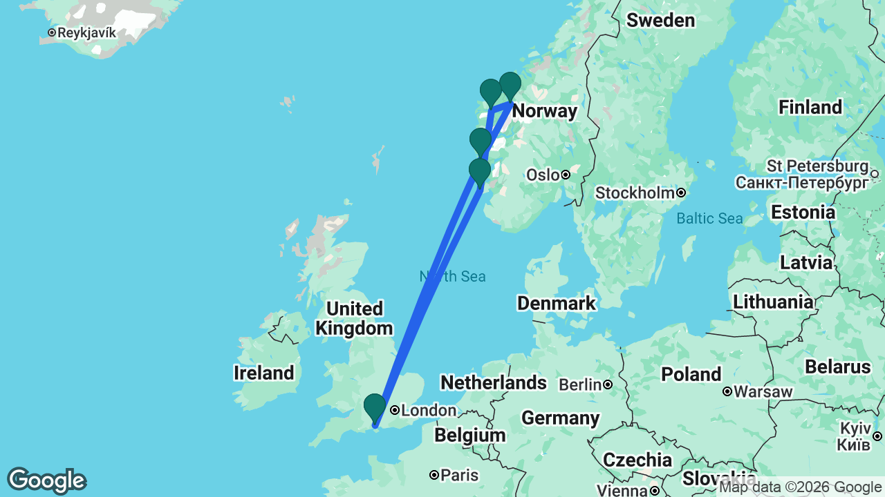Route map: Southampton -> Haugesund -> Nordfjordeid -> Geiranger -> Bergen -> Southampton