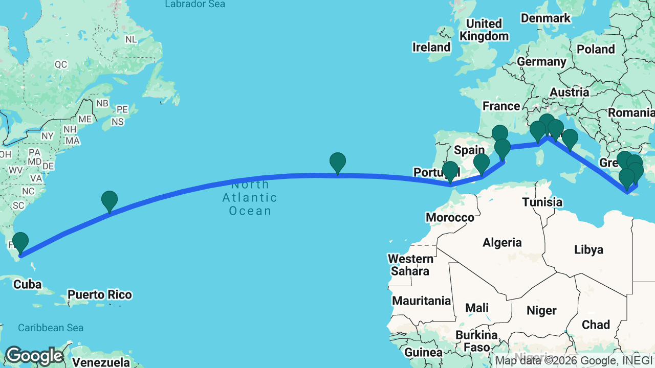 Route map: Fort Lauderdale -> Bermuda -> Azores -> Cádiz -> Cartagena -> Mallorca -> Barcelona -> Ajaccio -> Portoferraio -> Rome -> Naples -> Chania -> Santorini -> Mykonos -> Athens