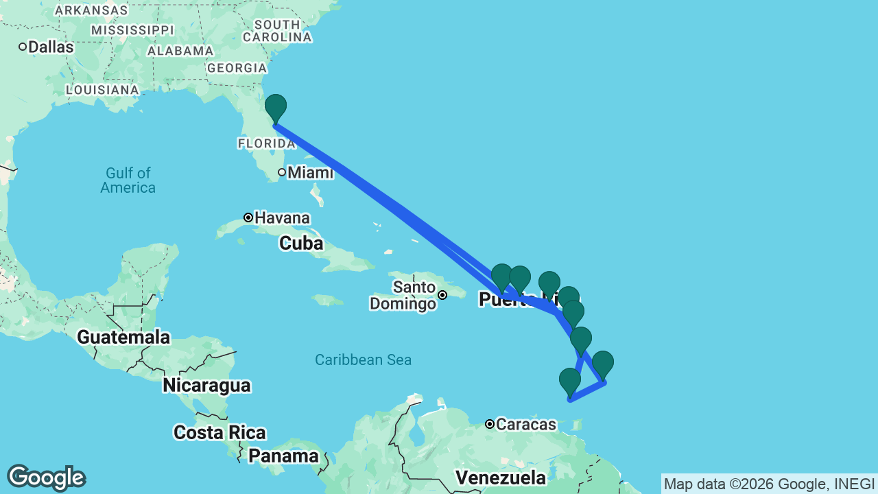 Route map: Port Canaveral -> St. Thomas -> Antigua -> Guadeloupe -> Martinique -> Grenada -> Barbados -> St. Maarten -> San Juan -> Port Canaveral