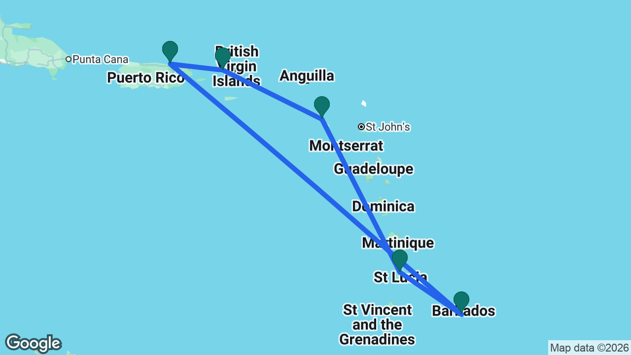 Route map: San Juan -> St. Thomas -> St. Kitts -> St. Lucia -> Barbados -> San Juan