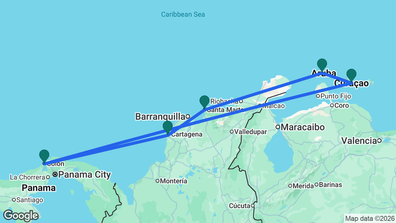 Route map: Colón -> Cartagena -> Santa Marta -> Aruba -> Curaçao -> Colón