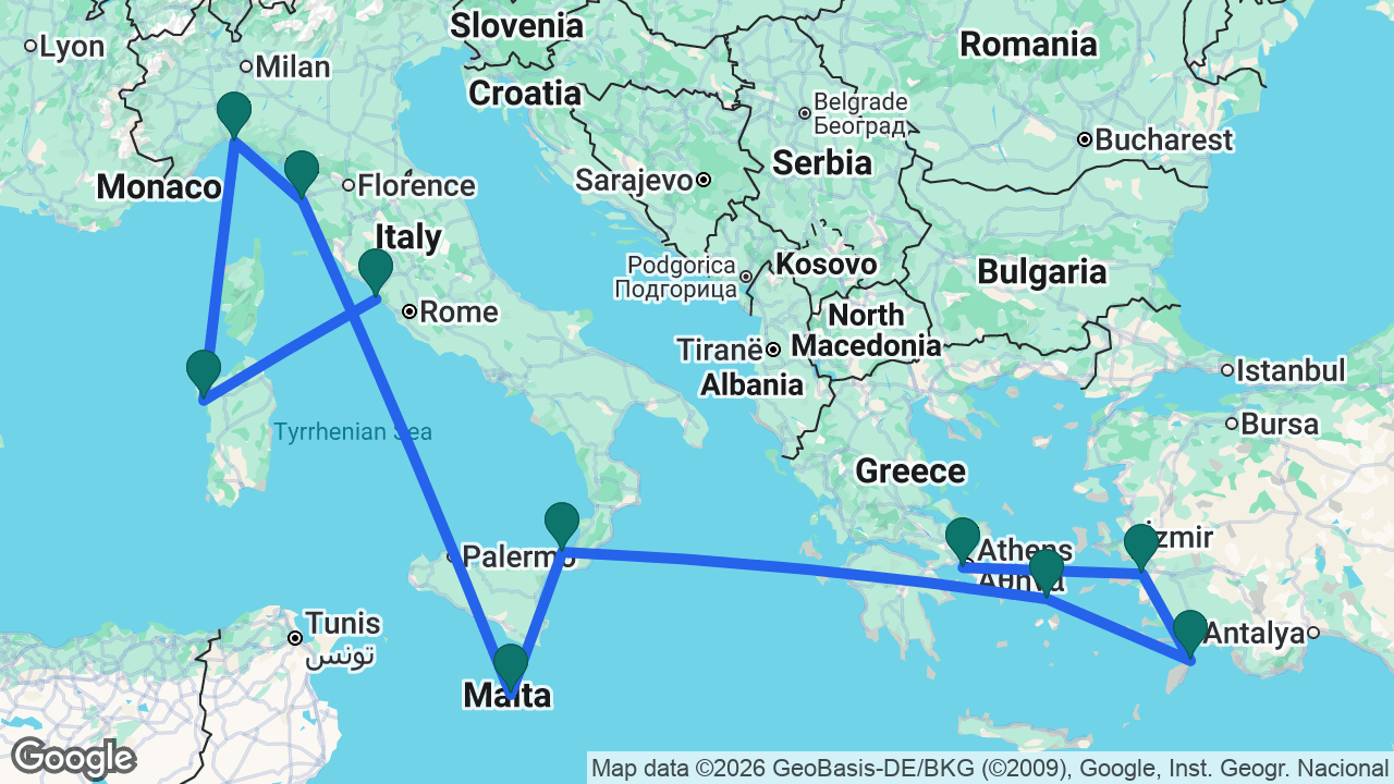Route map: Rome -> Alghero -> Genoa -> Florence -> Valletta -> Messina -> Mykonos -> Rhodes -> Ephesus -> Athens
