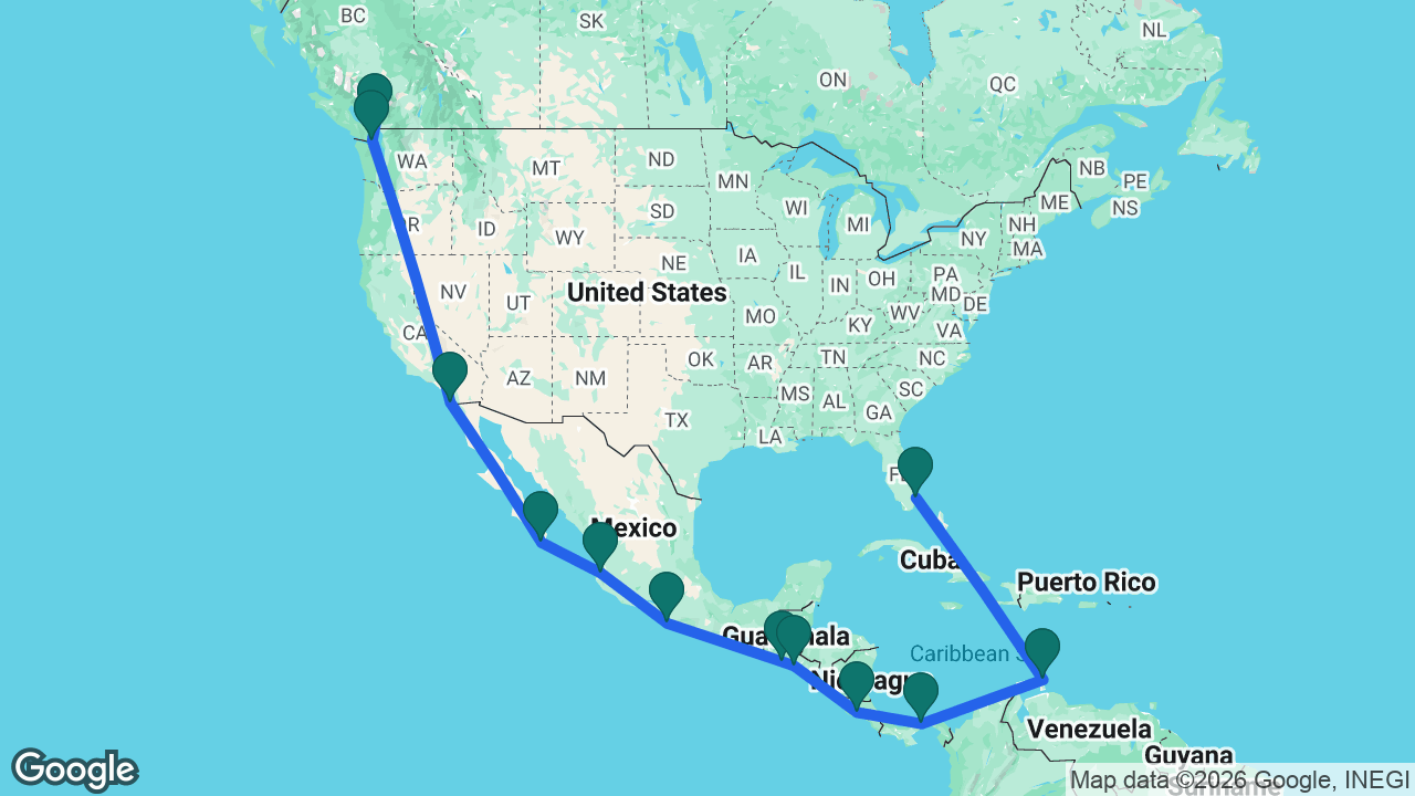 Route map: Fort Lauderdale -> Aruba -> Panama Canal -> Puntarenas -> Acajutla -> Puerto Quetzal -> Acapulco -> Puerto Vallarta -> Cabo -> San Diego -> Victoria -> Vancouver