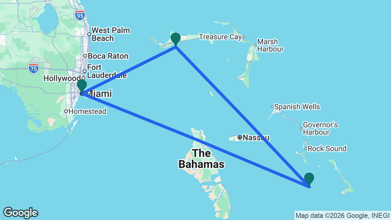Route map: Miami -> Princess Cays -> Celebration Key -> Miami