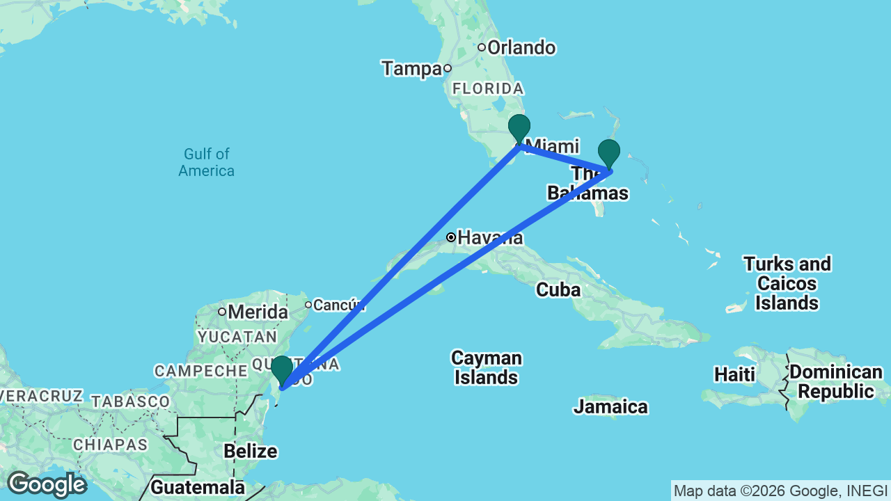 Route map: Miami -> Nassau -> Costa Maya -> Miami