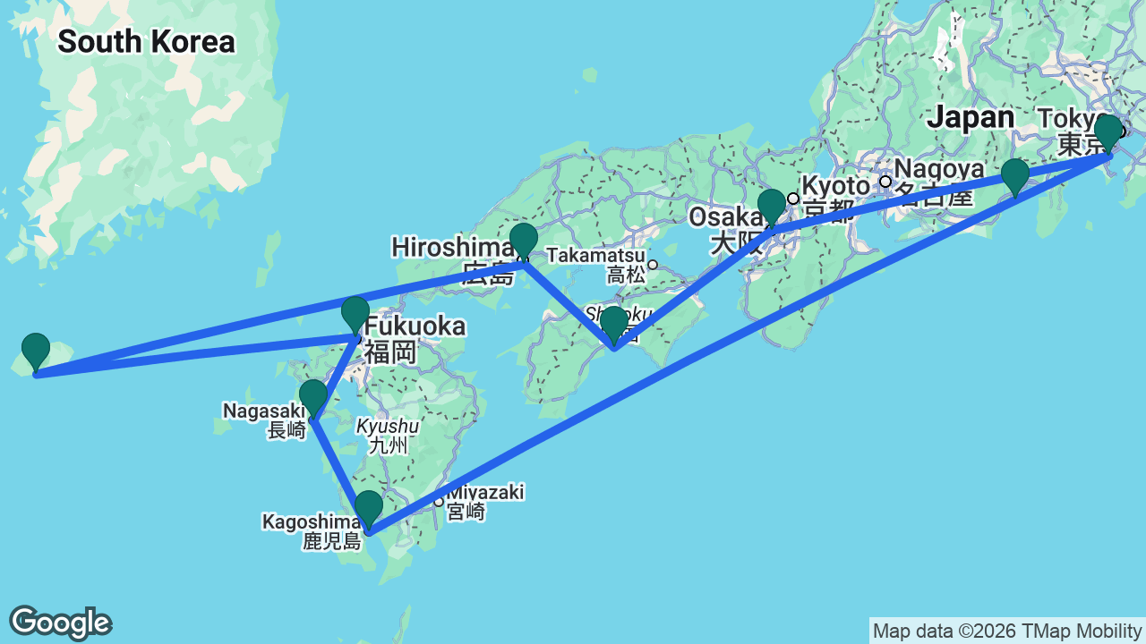 Route map: Tokyo -> Osaka -> Kochi -> Hiroshima -> Jeju -> Fukuoka -> Nagasaki -> Kagoshima -> Mount Fuji -> Tokyo