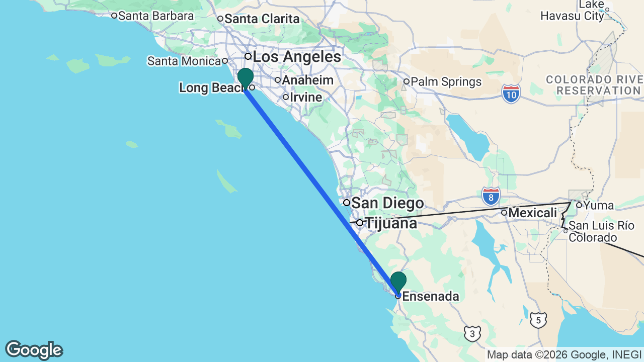 Route map: Los Angeles -> Ensenada -> Los Angeles