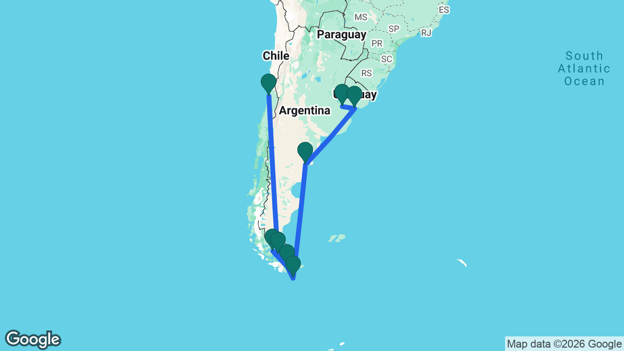 Route map: Buenos Aires -> Montevideo -> Puerto Madryn -> Cape Horn -> Ushuaia -> Punta Arenas -> Strait of Magellan -> Santiago