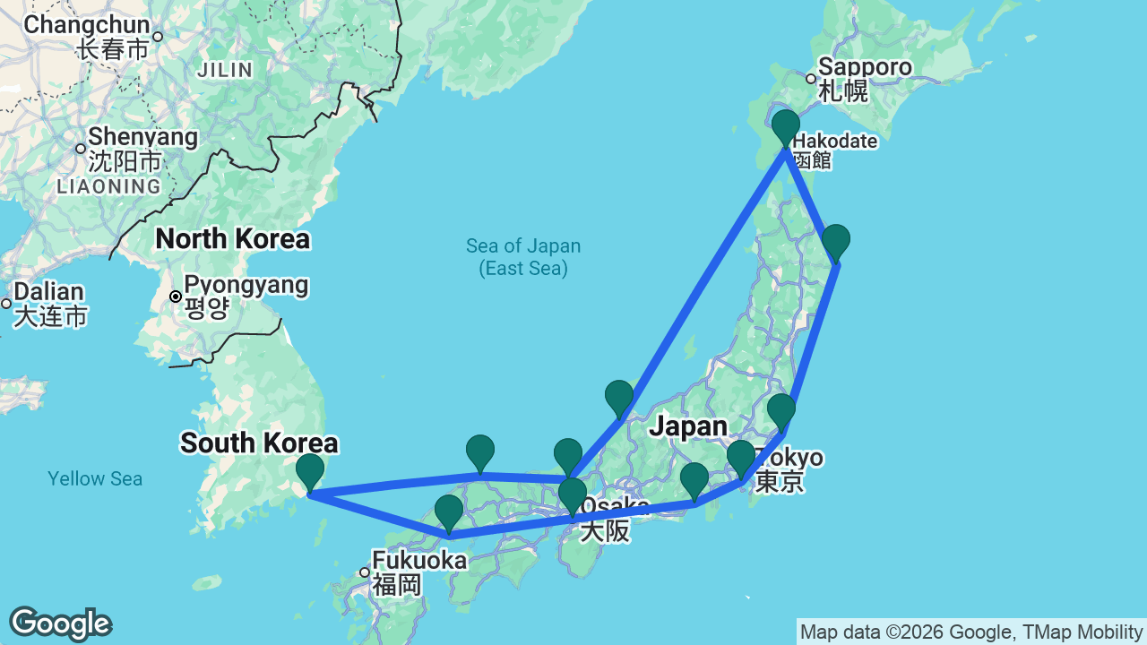 Route map: Tokyo -> Mount Fuji -> Osaka -> Hiroshima -> Busan -> Sakaiminato -> Maizuru -> Kanazawa -> Hakodate -> Miyako -> Hitachinaka -> Tokyo