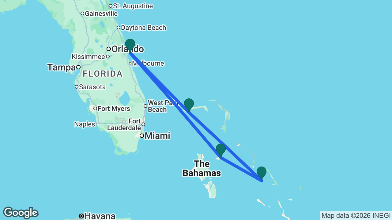 Route map: Port Canaveral -> Nassau -> Half Moon Cay -> Celebration Key -> Port Canaveral