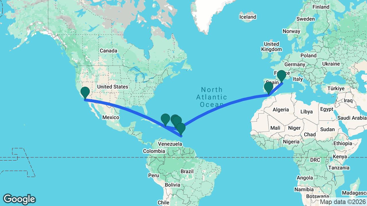 Route map: Barcelona -> Tangier -> Antigua -> St. Maarten -> St. Kitts -> La Romana -> Catalina -> Barbados