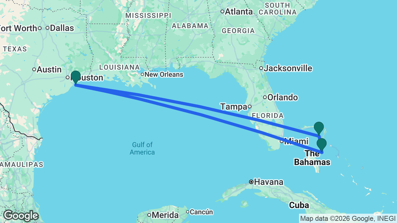 Route map: Galveston -> Nassau -> Castaway Cay -> Galveston