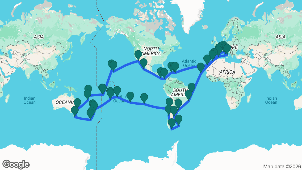 Route map: Genoa -> Marseille -> Barcelona -> Gibraltar -> Casablanca -> Mindelo -> Salvador -> Rio -> Buenos Aires -> Puerto Madryn -> Port Stanley -> Ushuaia -> Puerto Montt -> Santiago -> Easter Island -> Bounty Bay -> Tahiti -> Moorea -> Aitutaki -> Cook Islands -> Bay of Islands -> Auckland -> Tauranga -> Christchurch -> Dunedin -> Hobart -> Sydney -> Nouméa -> Santo -> Apia -> Pago Pago -> Honolulu -> Hilo -> Los Angeles -> Cabo -> Puntarenas -> Balboa -> La Romana -> Tortola -> St. Maarten -> Gran Canaria -> Ibiza -> Naples -> Rome -> Genoa