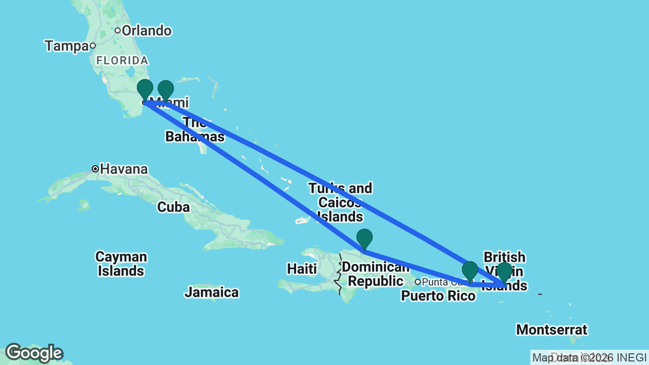 Route map: Miami -> Puerto Plata -> San Juan -> Tortola -> Bimini -> Miami