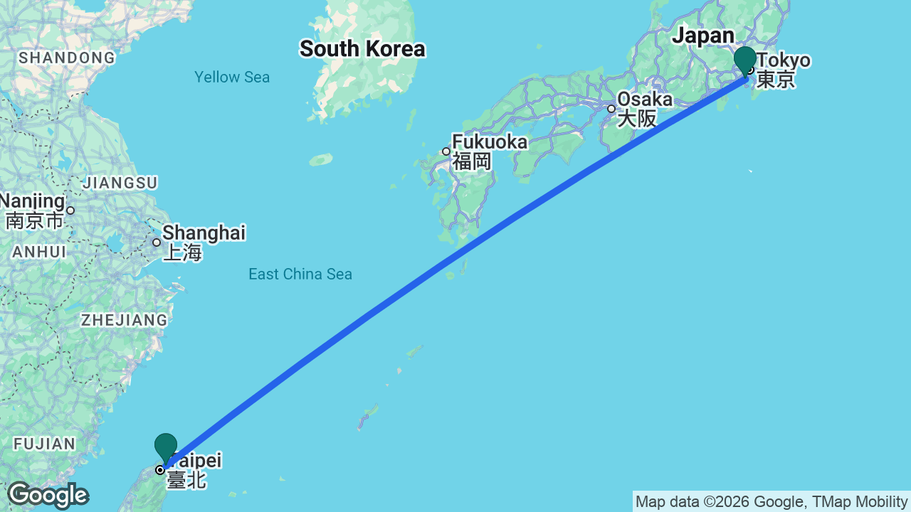 Route map: Tokyo -> Keelung