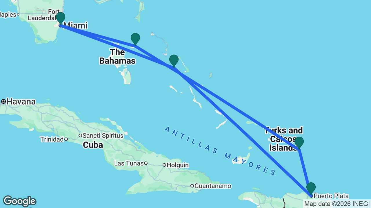 Route map: Miami -> Half Moon Cay -> Amber Cove -> Grand Turk -> Nassau -> Miami