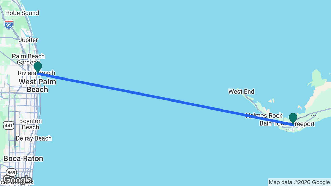 Route map: Palm Beach -> Freeport -> Palm Beach