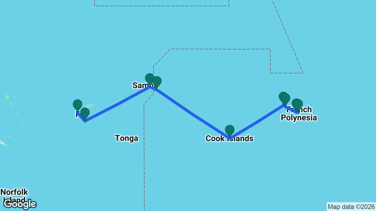 Route map: Tahiti -> Moorea -> Raiatea -> Bora Bora -> Cook Islands -> Pago Pago -> Apia -> Dravuni Island -> Lautoka