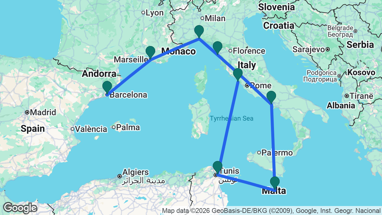 Route map: Barcelona -> Marseille -> Genoa -> Florence -> Naples -> Valletta -> La Goulette -> Rome
