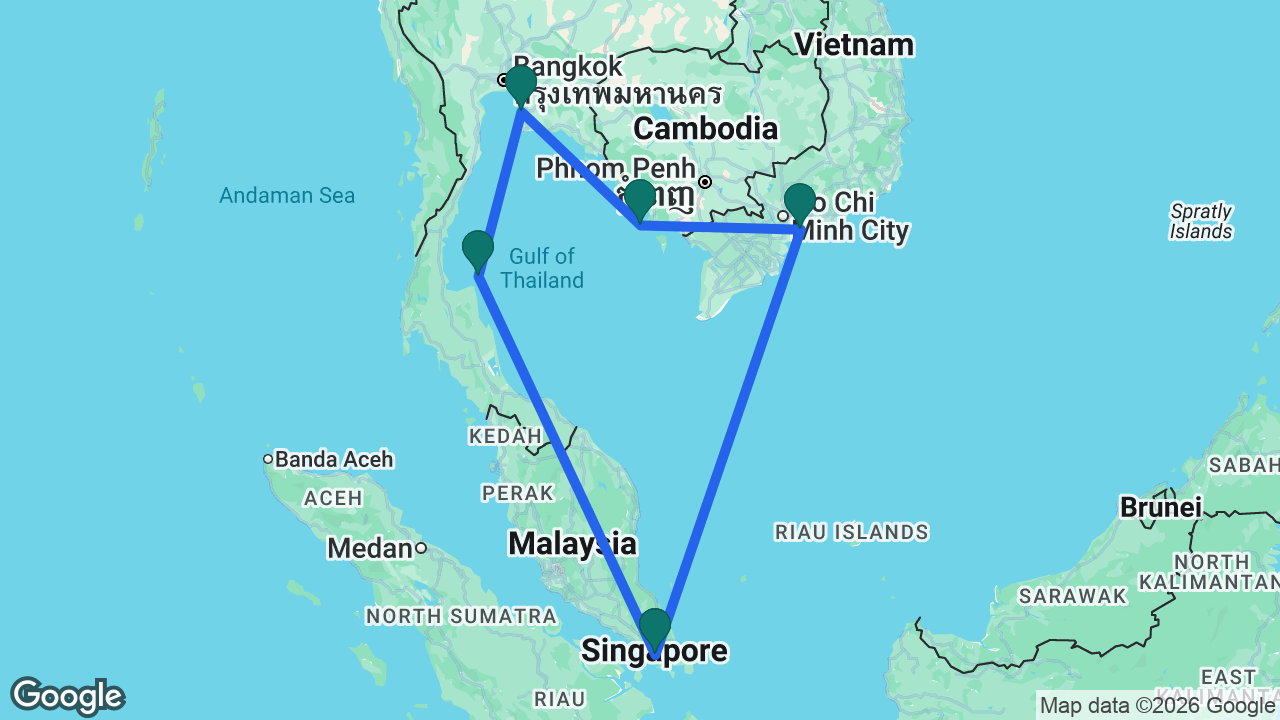 Route map: Singapore -> Koh Samui -> Bangkok -> Sihanoukville -> Ho Chi Minh City -> Singapore