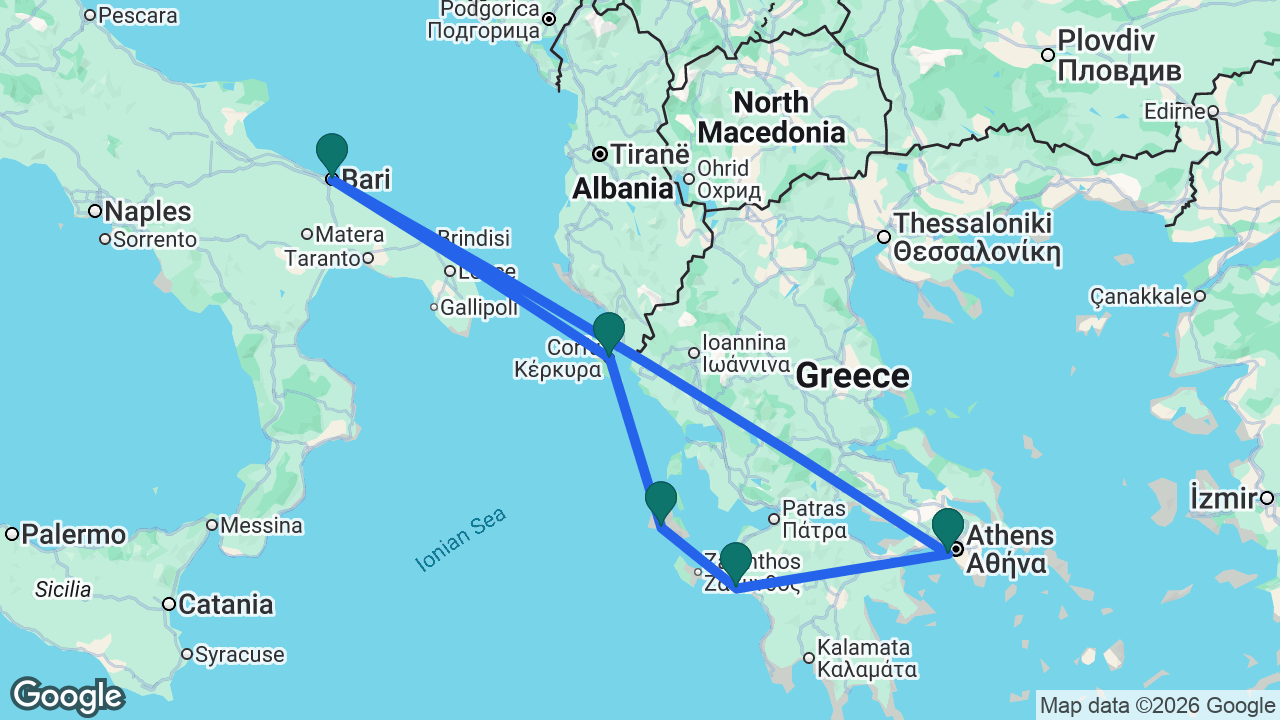 Route map: Athens -> Katakolon -> Kefalonia -> Corfu -> Bari -> Athens