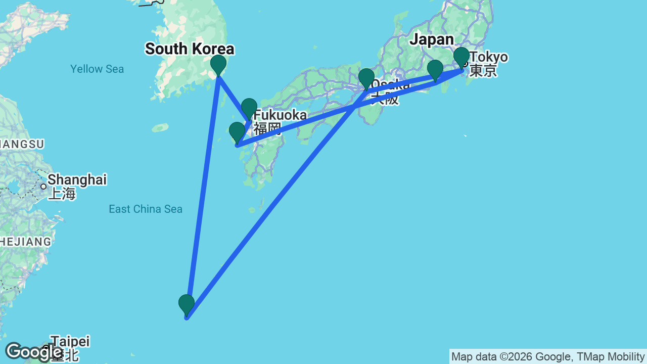 Route map: Tokyo -> Osaka -> Naha -> Busan -> Fukuoka -> Nagasaki -> Mount Fuji -> Tokyo