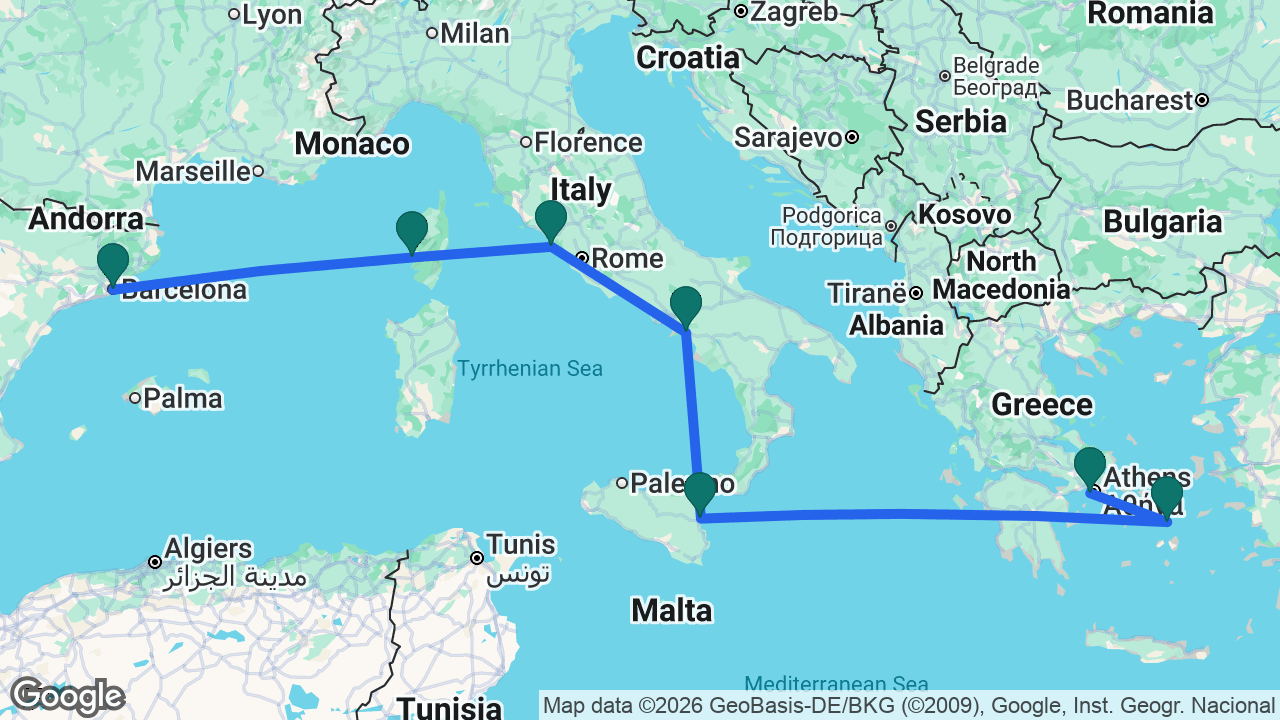 Route map: Barcelona -> Ajaccio -> Rome -> Amalfi Coast -> Catania -> Mykonos -> Athens