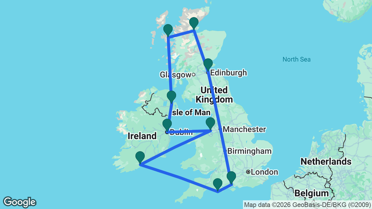 Route map: Southampton -> Edinburgh -> Invergordon -> Isle of Skye -> Belfast -> Dublin -> Liverpool -> Cobh -> Portland -> Southampton