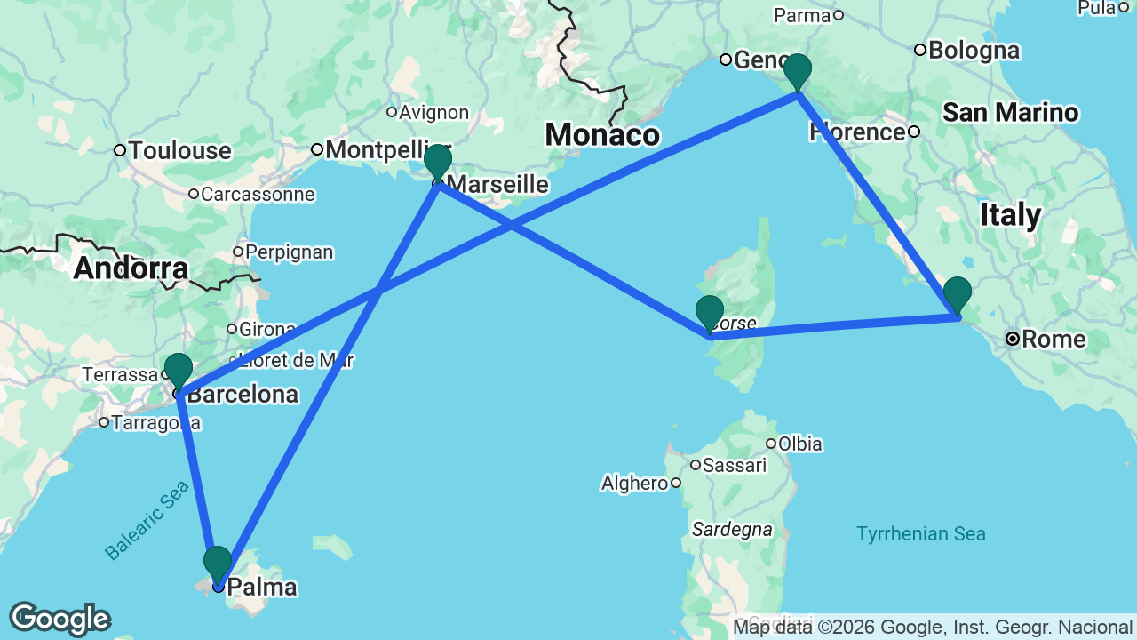 Route map: Barcelona -> La Spezia -> Rome -> Ajaccio -> Marseille -> Mallorca -> Barcelona