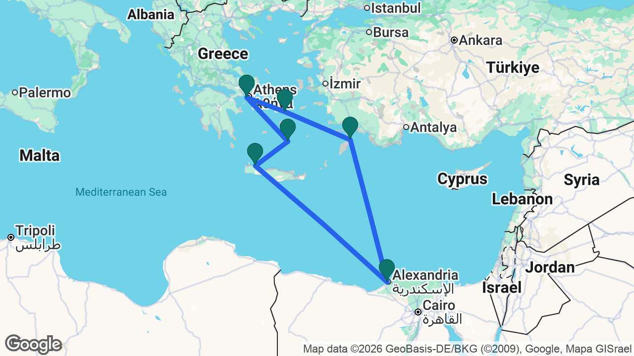 Route map: Athens -> Santorini -> Chania -> Alexandria -> Rhodes -> Mykonos -> Athens
