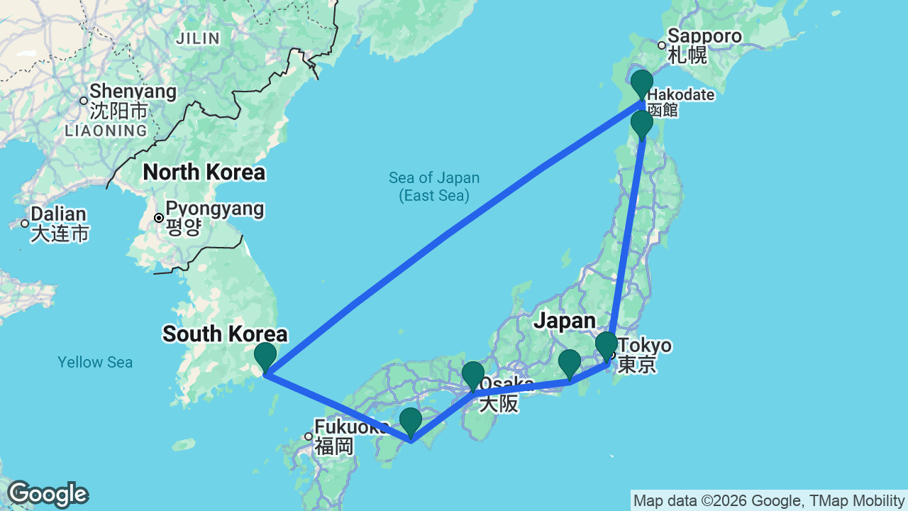 Route map: Tokyo -> Mount Fuji -> Osaka -> Kochi -> Busan -> Hakodate -> Aomori -> Tokyo
