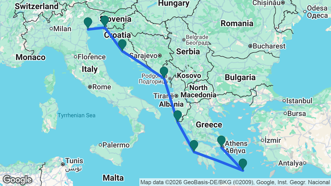 Route map: Athens -> Santorini -> Katakolon -> Corfu -> Kotor -> Zadar -> Koper -> Venice