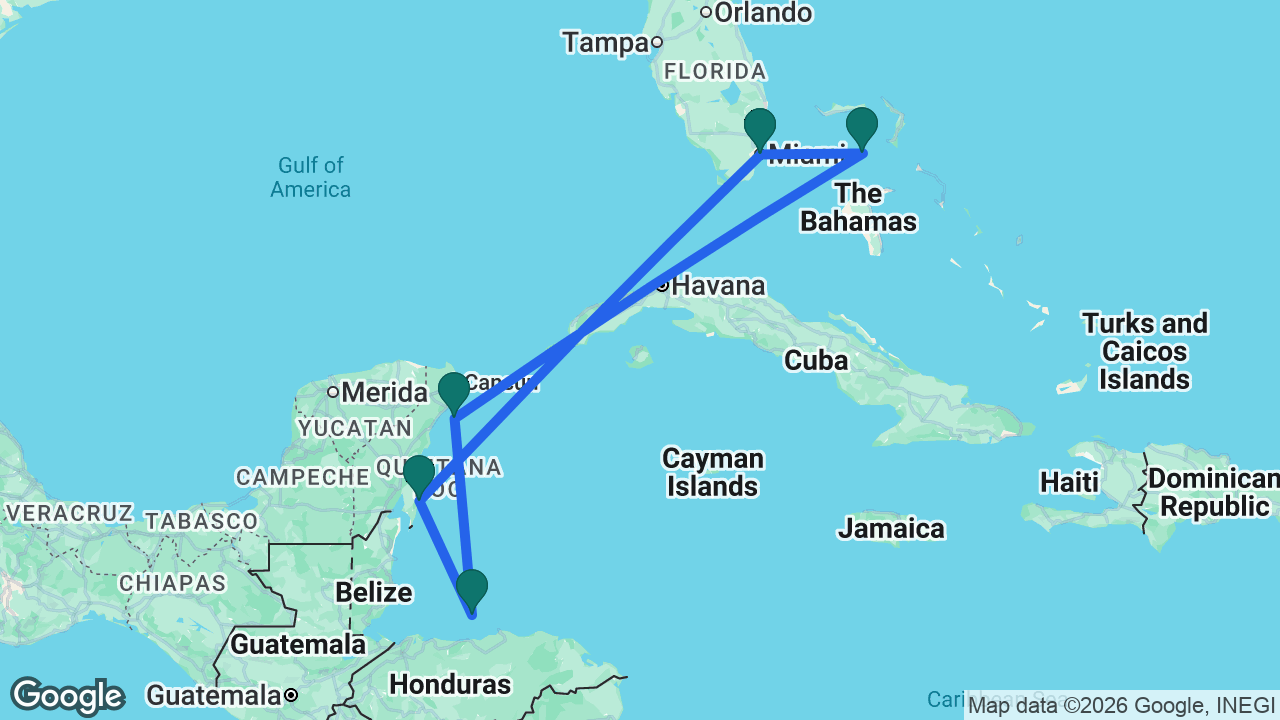 Route map: Miami -> Costa Maya -> Roatán -> Cozumel -> CocoCay -> Miami
