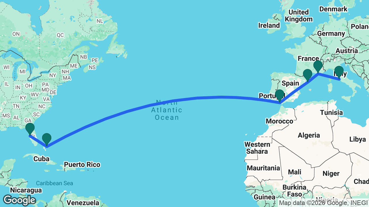 Route map: Rome -> Marseille -> Barcelona -> Cádiz -> Nassau -> Tampa