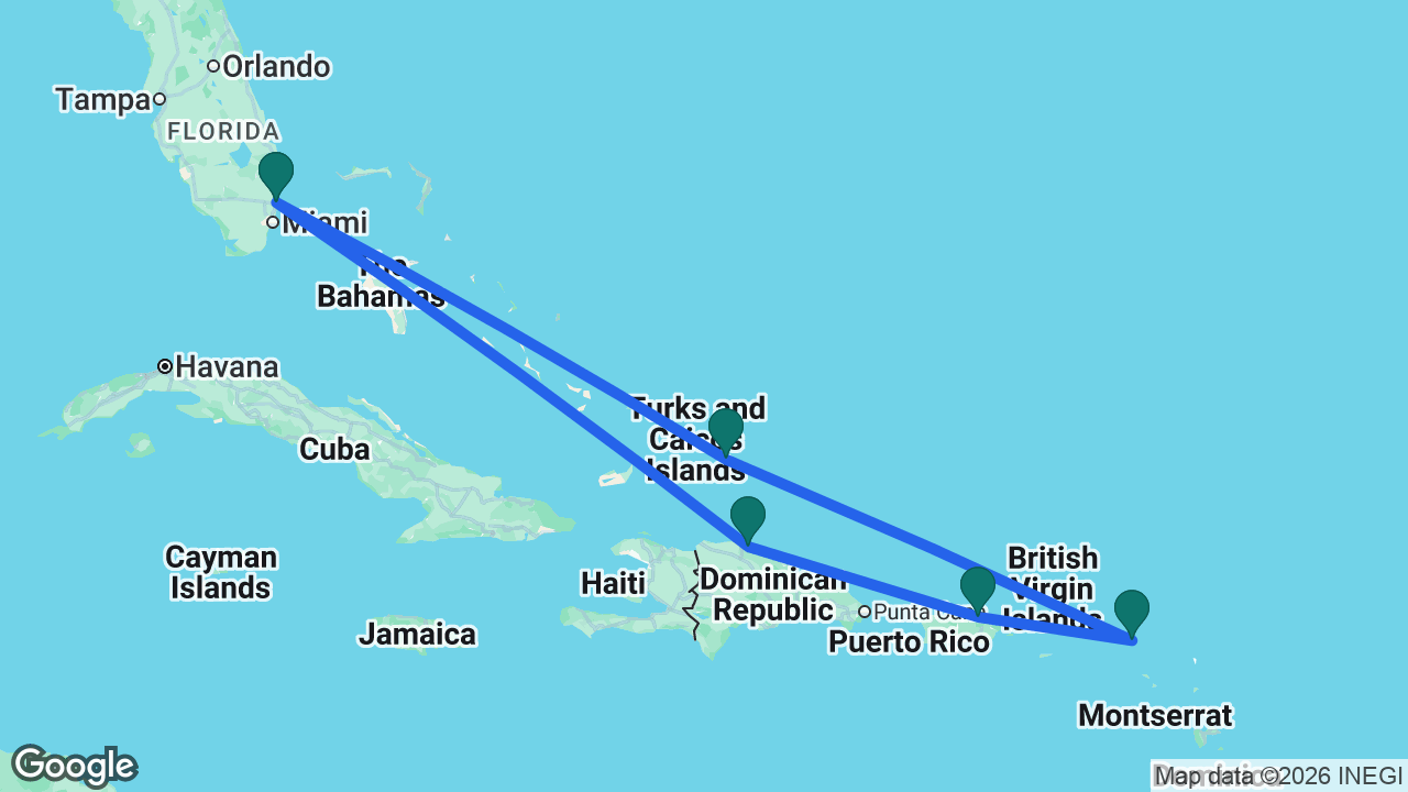 Route map: Fort Lauderdale -> Amber Cove -> San Juan -> St. Maarten -> Grand Turk -> Fort Lauderdale