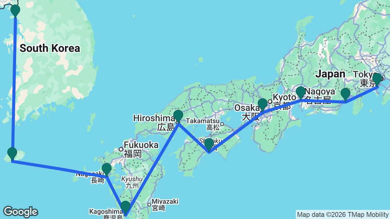 Route map: Seoul -> Jeju -> Nagasaki -> Kagoshima -> Hiroshima -> Kochi -> Osaka -> Nagoya -> Mount Fuji -> Tokyo
