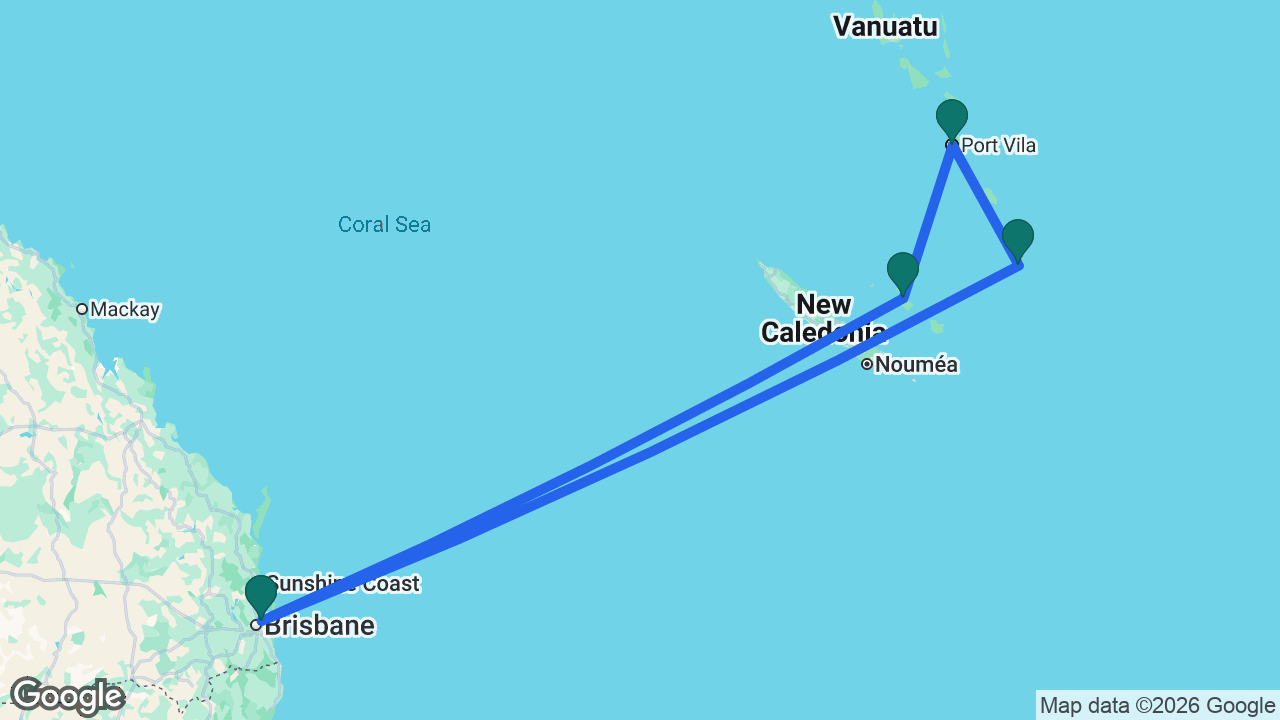 Route map: Brisbane -> Mystery Island -> Port Vila -> Lifou -> Brisbane
