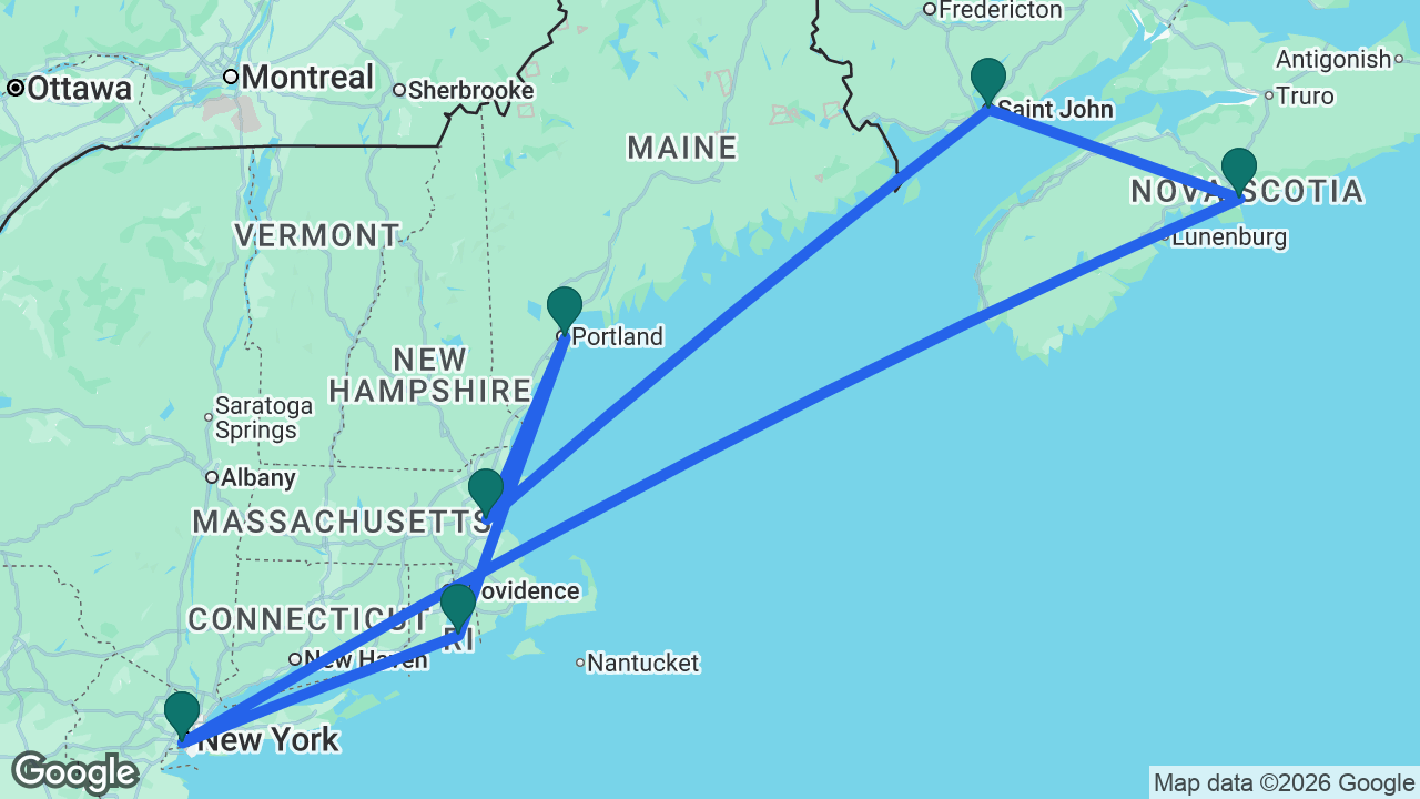 Route map: New York -> Halifax -> Saint John -> Boston -> Portland -> Newport -> New York