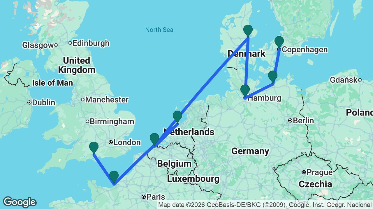 Route map: Southampton -> Paris -> Amsterdam -> Bruges -> Aarhus -> Hamburg -> Berlin -> Copenhagen