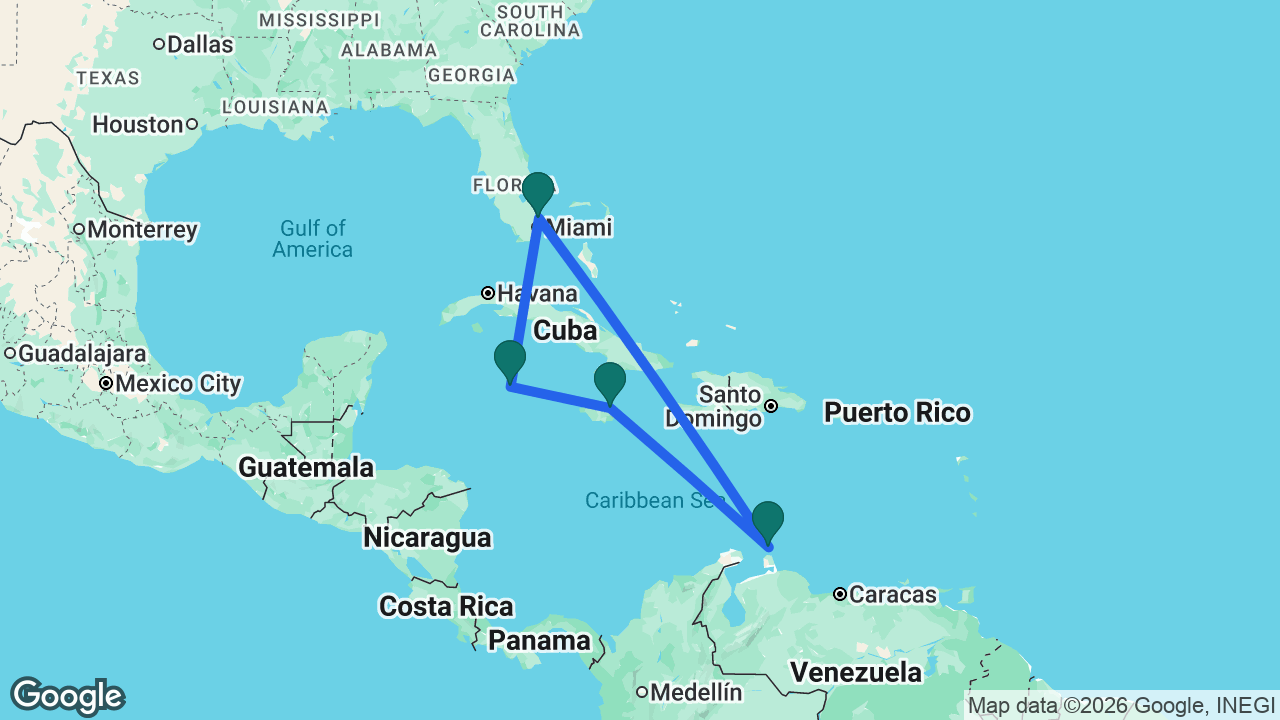 Route map: Fort Lauderdale -> Grand Cayman -> Ocho Rios -> Aruba -> Fort Lauderdale