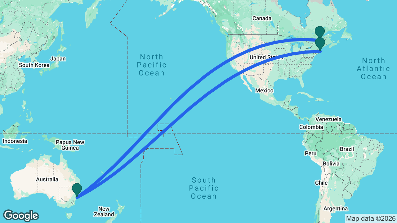 Route map: Boston -> Sydney -> Québec City