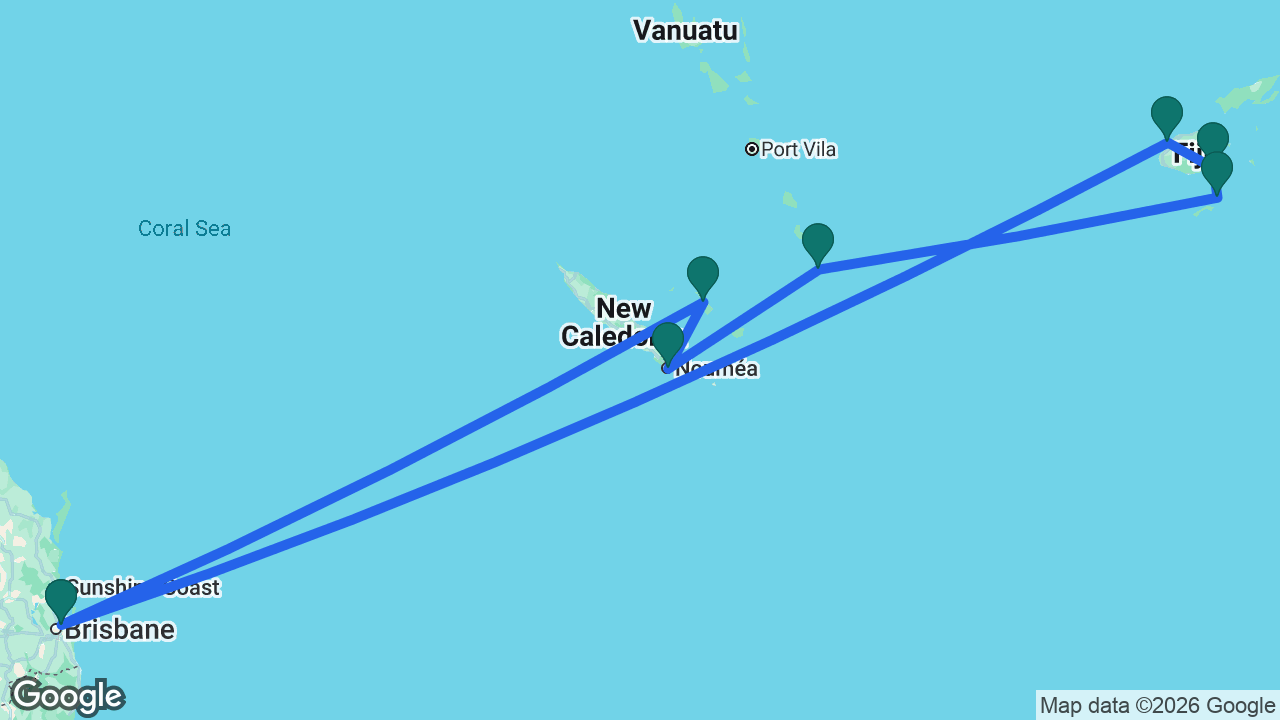 Route map: Brisbane -> Lautoka -> Fiji -> Dravuni Island -> Mystery Island -> Nouméa -> Lifou -> Brisbane