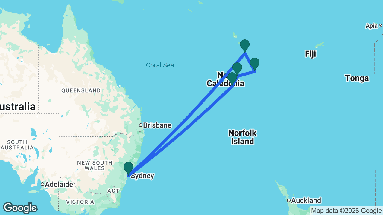 Route map: Sydney -> Nouméa -> Lifou -> Mystery Island -> Port Vila -> Sydney