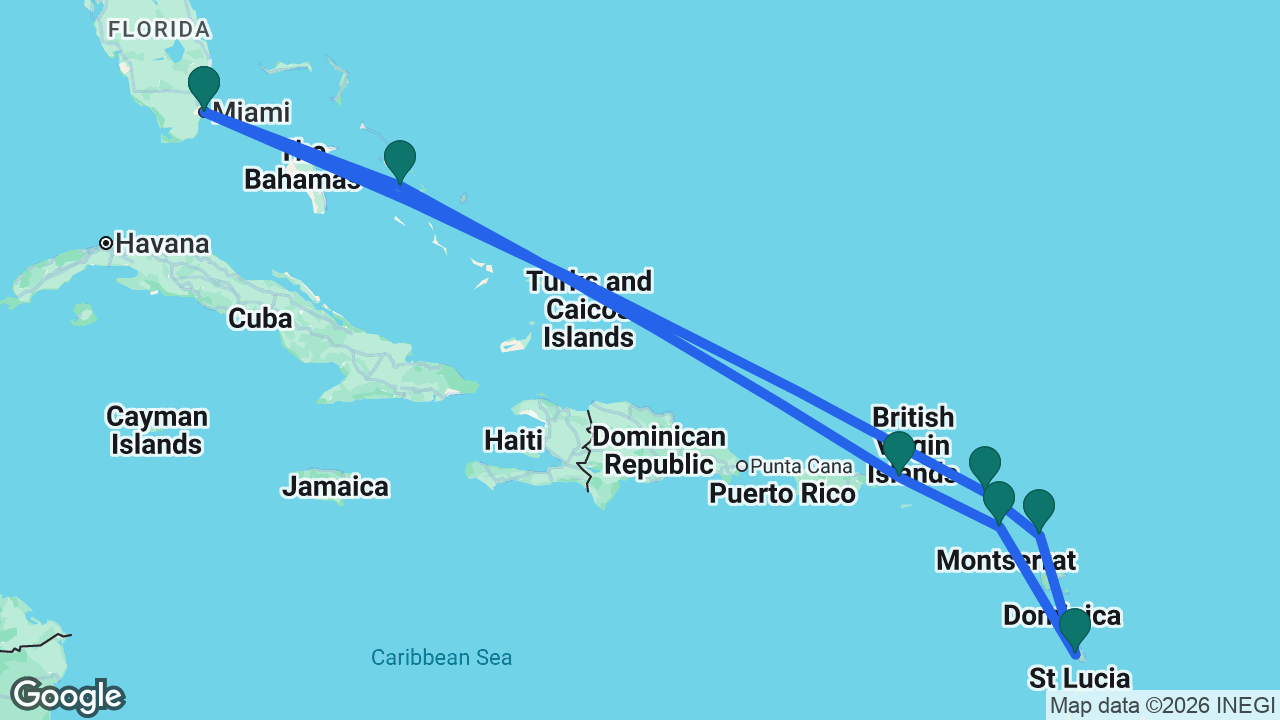 Route map: Miami -> St. Maarten -> Antigua -> Martinique -> St. Kitts -> St. Thomas -> Half Moon Cay -> Miami