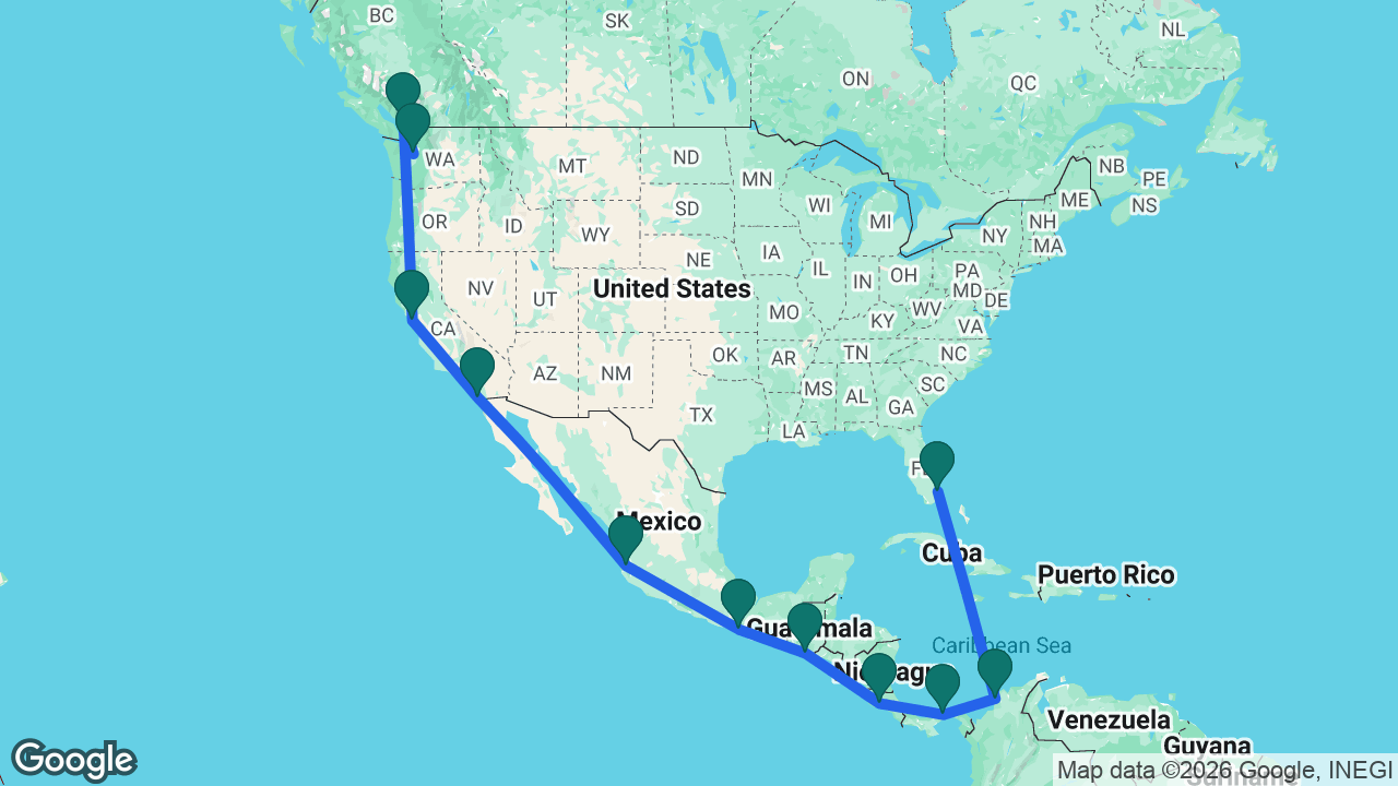 Route map: Fort Lauderdale -> Cartagena -> Panama Canal -> Puntarenas -> Puerto Quetzal -> Huatulco -> Puerto Vallarta -> San Diego -> San Francisco -> Vancouver -> Seattle