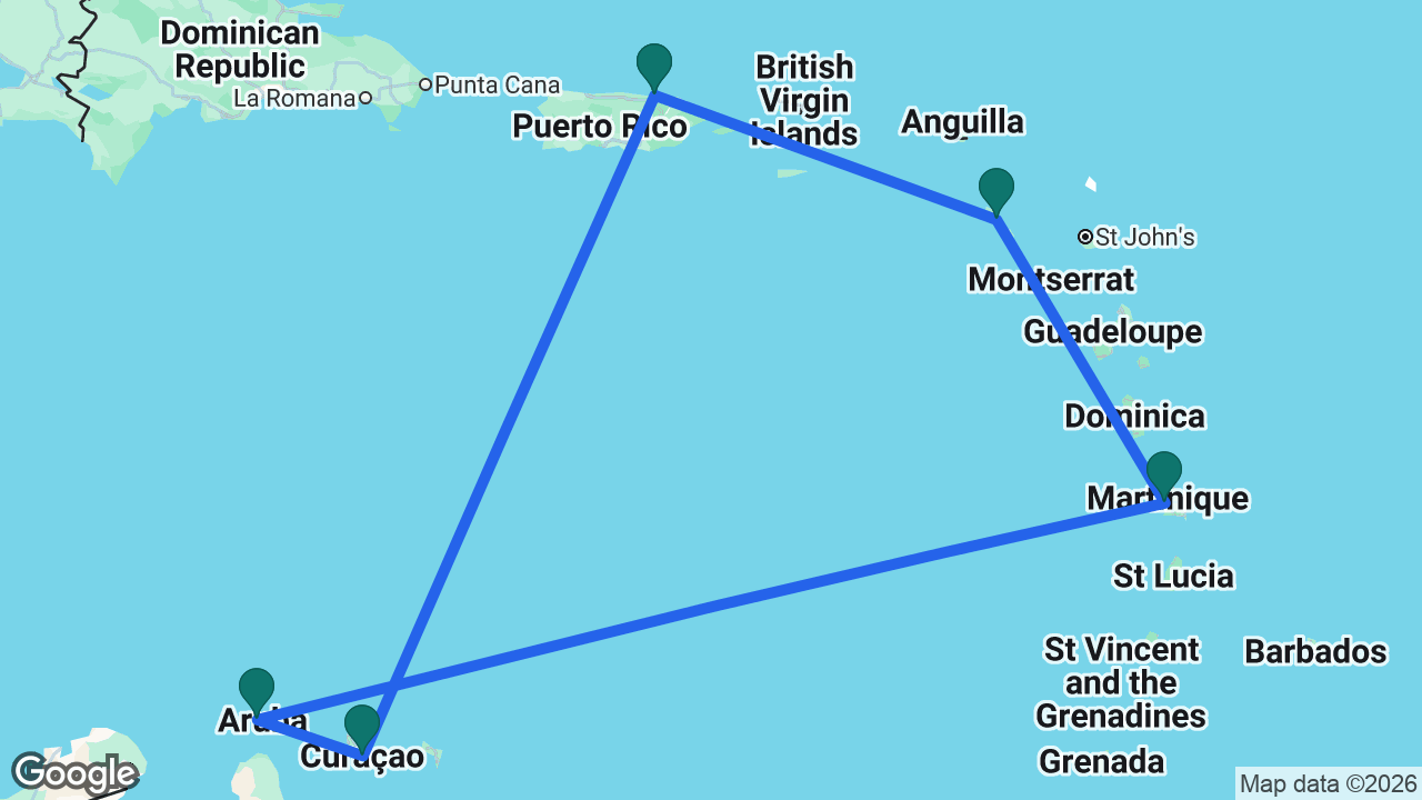 Route map: San Juan -> Curaçao -> Aruba -> Martinique -> St. Kitts -> San Juan