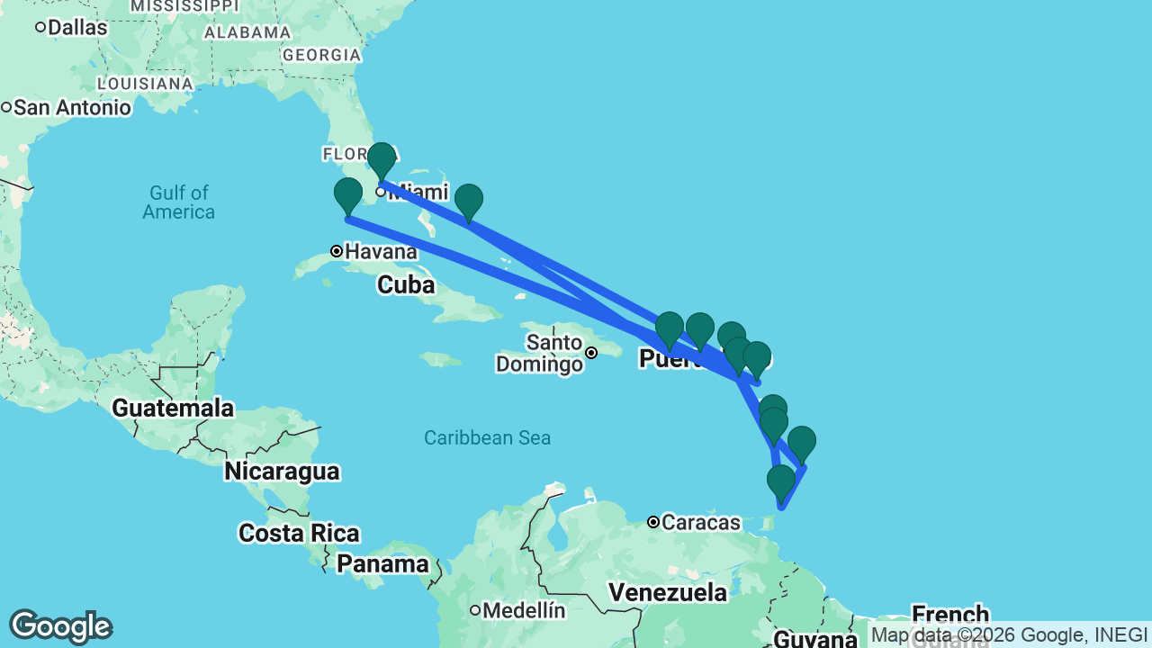 Route map: Fort Lauderdale -> St. Maarten -> Martinique -> Barbados -> Tobago -> St. Lucia -> St. Kitts -> Key West -> Antigua -> Tortola -> San Juan -> Half Moon Cay -> Fort Lauderdale