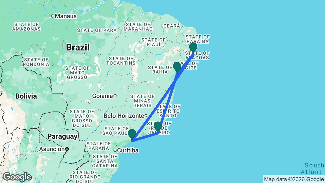 Route map: Maceió -> Santos -> Búzios -> Salvador -> Maceió